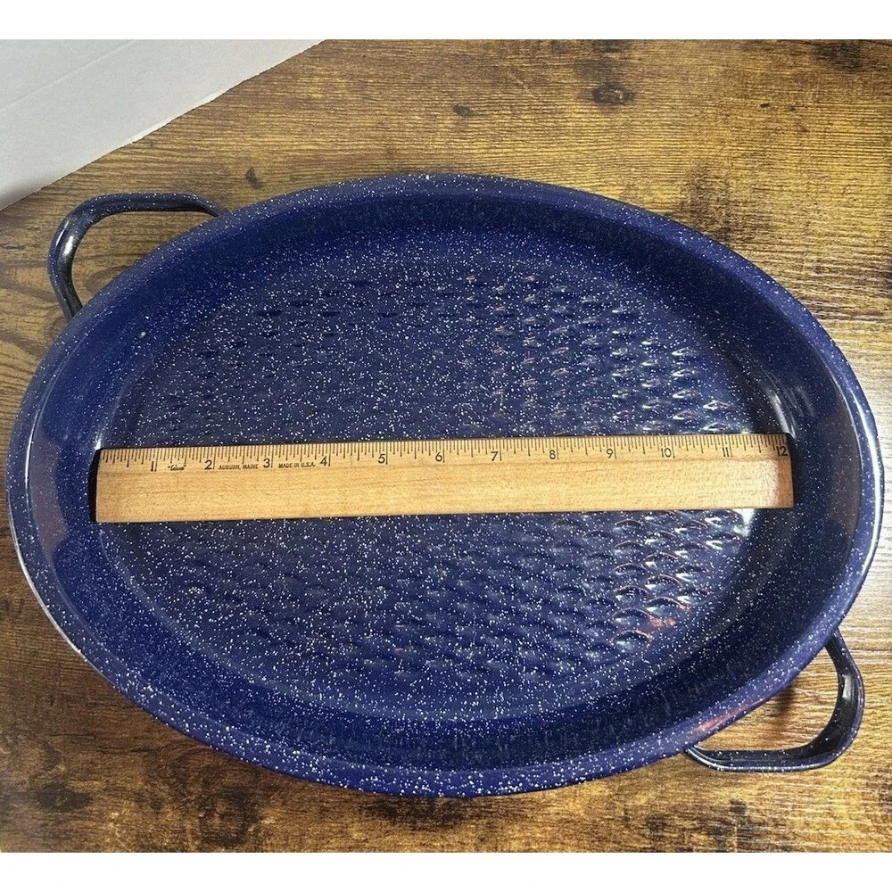 Vintage Blue Speckled Enamel Roasting Pan 14x9.5 Oval w/ Handles Bakeware